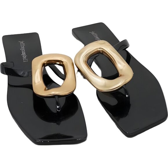 Jeffrey Campbell Sugary Jelly Bow Thong Sandals Black Gold Accent 7M US EU 38 - Picture 1 of 6